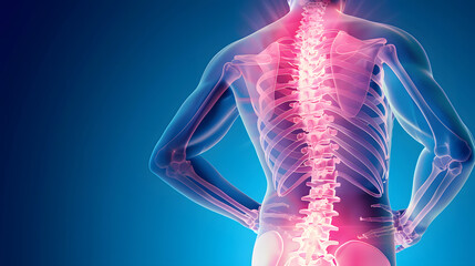 Medical illustration showing the human spine with a focus on pain, highlighting the vertebrae and spinal cord in a blue background