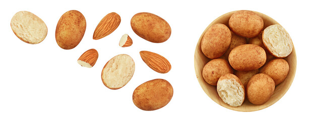 Marzipan balls or potatoes with almond isolated on white background full depth of field. Top view with copy space for your text. Flat lay