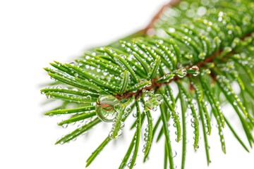 A close-up shot of water droplets on a pine tree branch, great for use in nature or science contexts