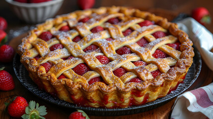 Close-up of a freshly baked strawberry pie with a golden lattice crust, surrounded by ripe strawberries on a rustic wooden table