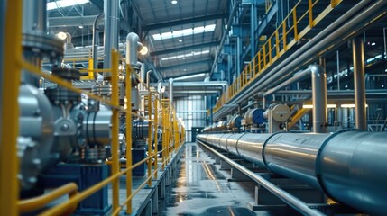Fototapeta premium Pipes stored in a large industrial building, utility infrastructure