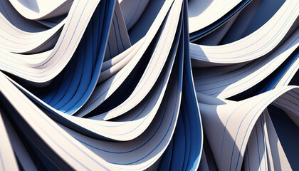 3d render, abstract fashion background with blue wavy ribbons, folded cloth macro