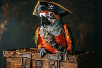 The pirate parrot sits atop a treasure chest filled with gold coins, wearing a pirate hat and striking a pose that exudes adventure, fun, and a touch of nostalgia.