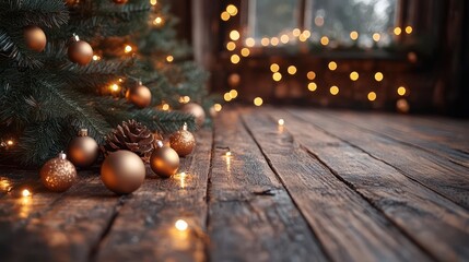 rustic wooden table with pine branches twinkling fairy lights and scattered ornaments set before a softfocus christmas tree in a cozy cabin interior
