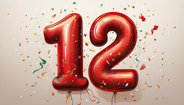 Red birthday / anniversary balloon, number 12, white background