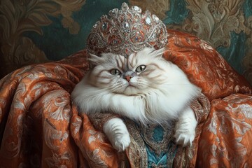 A majestic Persian cat regally perched on sumptuous fabric, adorned with a richly detailed and bejeweled crown, representing opulence, nobility, and grandeur.