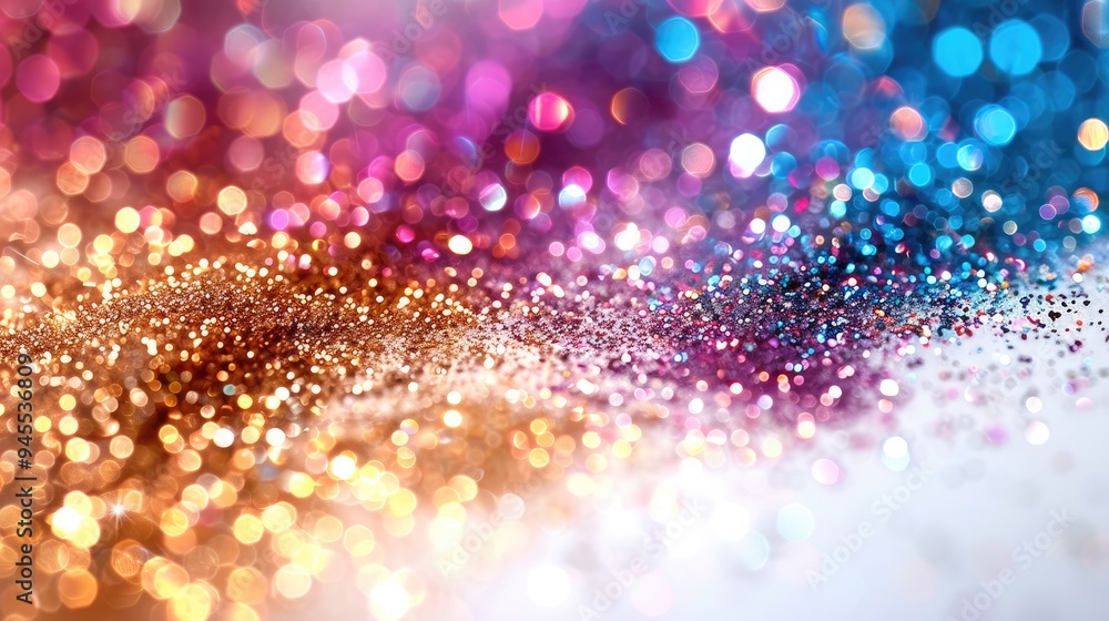 Poster glitter explosion, a burst of glitter particles in various colors, shimmering as they spread out aga