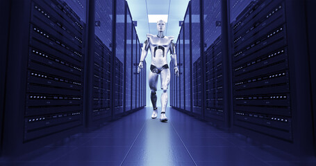 Futuristic AI Robot Walking In A Modern Server Room. Technology Related 3D Render.