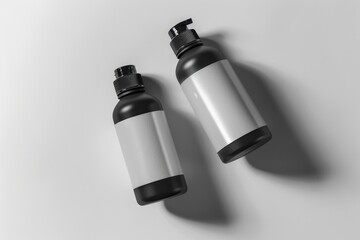 Two empty lotion bottles on a white surface, perfect for beauty or cosmetic related concepts