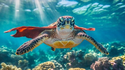 Fototapeta premium An adventurous turtle wearing a cape is swimming underwater with beautiful coral formations and sunlight filtering through the water, showcasing underwater bravery and exploration.