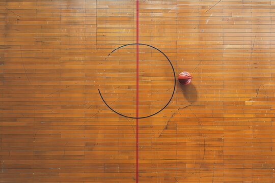 An aerial view of a basketball court with a basketball sitting in the center circle. The court is made of wood and has a red line running down the center.