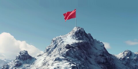A red flag at the summit of a snowy mountain, useful for indicating danger or marking a trail