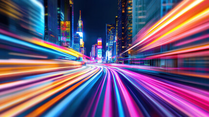 Fototapeta premium Vibrant light trails in a busy urban setting at night showcasing the energy and motion of city life