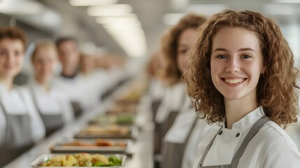 A smiling chef stands in a modern kitchen alongside her team, showcasing beautifully prepared dishes and a vibrant culinary atmosphere. Laughing and chatting concept.