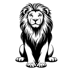 Obraz premium Lion Silhouette with Majestic Mane, Black and white silhouette of a lion with a detailed and majestic mane, symbolizing strength, power, and royalty. 