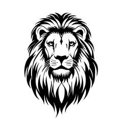 Fototapeta premium Lion Silhouette with Majestic Mane, Black and white silhouette of a lion with a detailed and majestic mane, symbolizing strength, power, and royalty. 