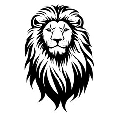 Fototapeta premium Lion Silhouette with Majestic Mane, Black and white silhouette of a lion with a detailed and majestic mane, symbolizing strength, power, and royalty. 