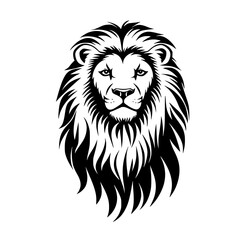 Obraz premium Lion Silhouette with Majestic Mane, Black and white silhouette of a lion with a detailed and majestic mane, symbolizing strength, power, and royalty. 