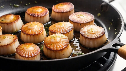 Scallops being fried on a pan, closeup