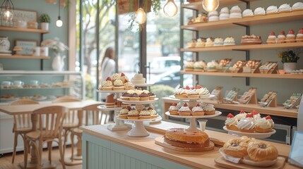 A charming and cozy dessert cafe featuring a variety of sweet treats on display. The interior is bright and inviting, with large windows allowing natural light. Generative AI.