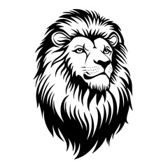 Obraz premium Lion Silhouette with Majestic Mane, Black and white silhouette of a lion with a detailed and majestic mane, symbolizing strength, power, and royalty. 
