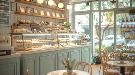 A charming and cozy dessert cafe featuring a variety of sweet treats on display. The interior is bright and inviting, with large windows allowing natural light. Generative AI.