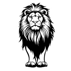 Obraz premium Lion Silhouette with Majestic Mane, Black and white silhouette of a lion with a detailed and majestic mane, symbolizing strength, power, and royalty. 