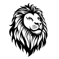 Obraz premium Lion Silhouette with Majestic Mane, Black and white silhouette of a lion with a detailed and majestic mane, symbolizing strength, power, and royalty. 