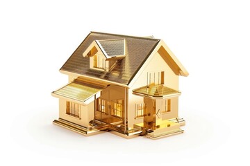 A miniature gold house model placed on a white surface, perfect for interior design or architectural purposes