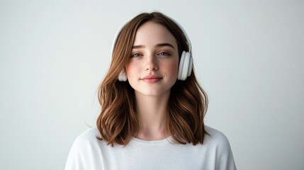 Naklejka premium An individual with wavy brown hair is adorned with white headphones and attired in a white shirt, positioned against a minimalistic background, with their face blurred.