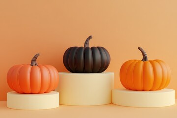 Colorful Pumpkins on Pastel Podiums Against Soft Background. Autumn Season Display for Halloween and Thanksgiving Day