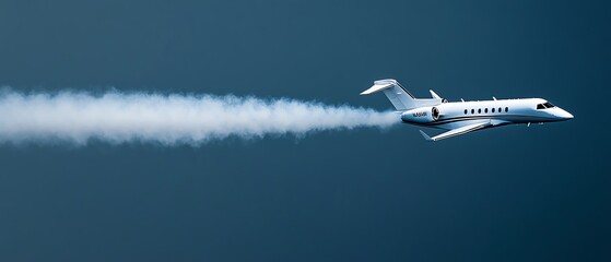 Private jet leaving a cloud of dark smog that spreads over a clear blue sky, gradually turning it gray, illustrating the environmental consequences of private aviation