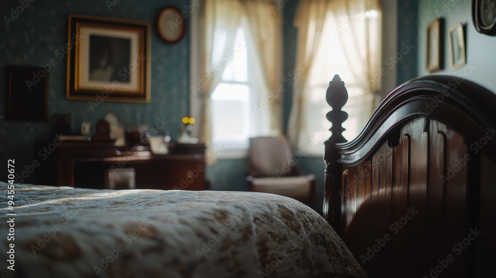 Poster Close up on the headboard of a bed in a vintage bedroom.