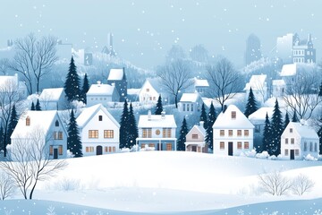 Fototapeta premium A winter scene with houses and trees covered in snow. The houses are small and cozy, and the snow-covered landscape gives a sense of peace and tranquility