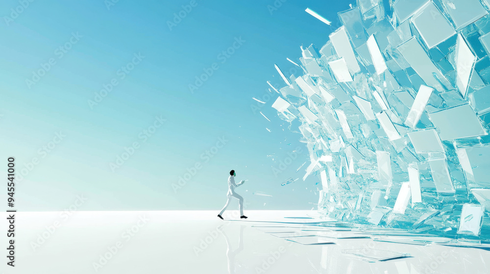 Poster abstract representation of a person in white clothing walking towards a shimmering fragmented struct