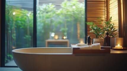 Relaxing Bathroom with Bathtub and Garden View