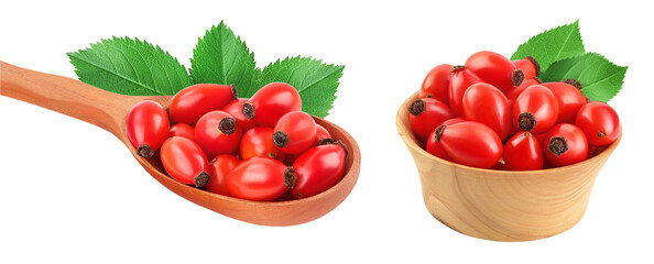 Rose hip in wooden spoon and bowl isolated on a white background with full depth of field