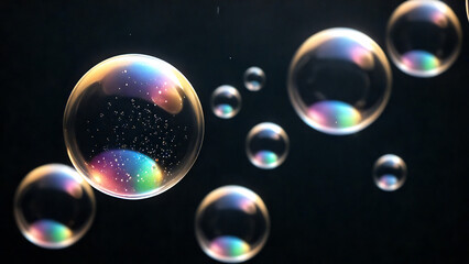 Soap bubbles floating on dark background