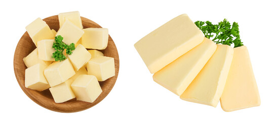 butter cubes in wooden bowl isolated on white background with full depth of field. Top view. Flat...