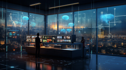 Futuristic Control Room with City View and Tech Interface