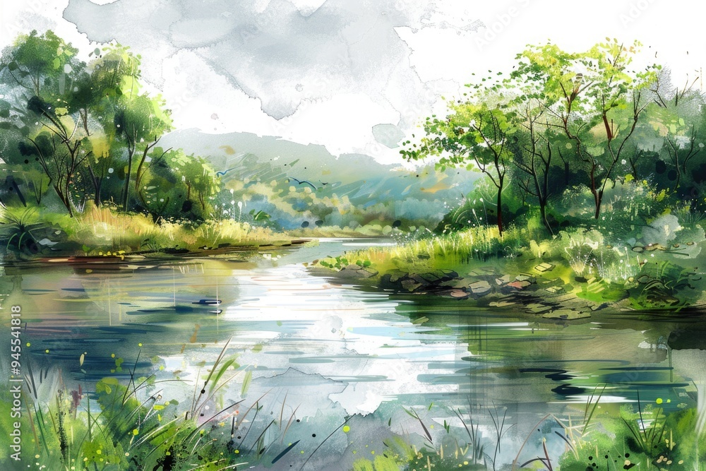 Aufkleber a serene river scene with lush green trees and calm waters