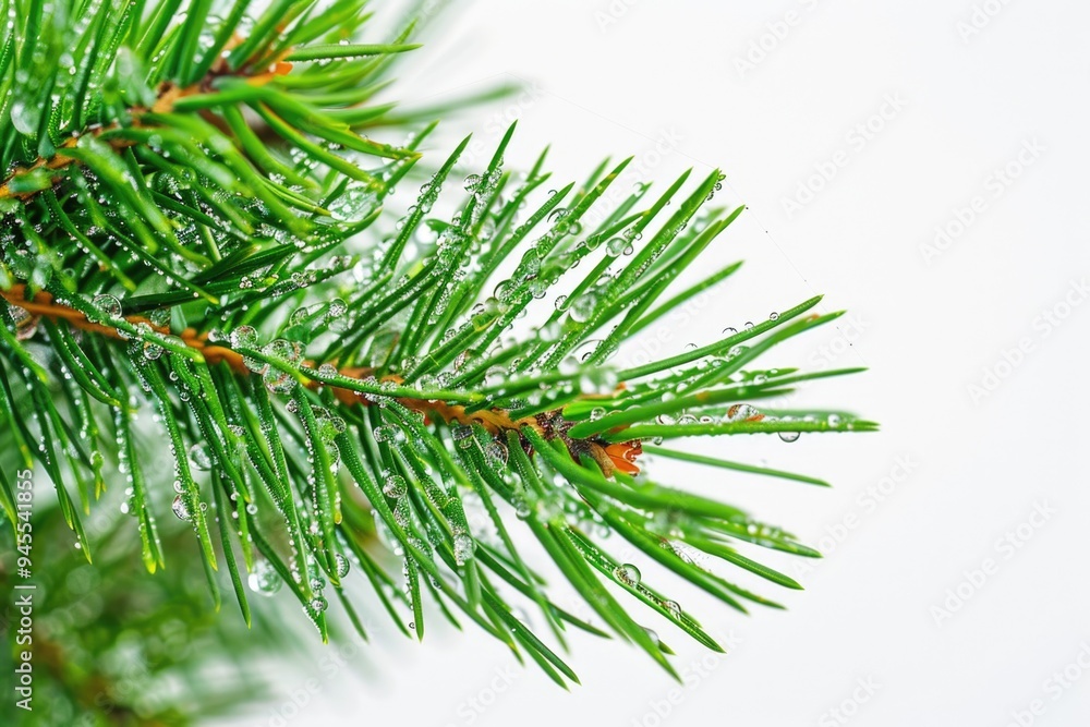 Poster a close-up of a pine tree branch with water droplets glistening in the light