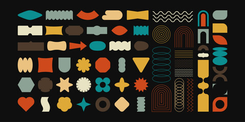 Retro geometric shapes. Modern 70s 80s minimal basic bold figures, funky contemporary primitive forms with retrofuturistic groovy vibe. Vector set