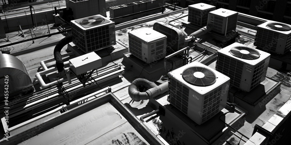 Poster group of air conditioning units installed on the rooftop of a building for cooling and ventilation p