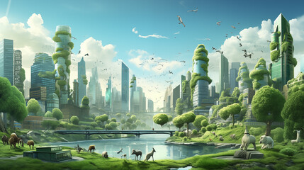 Eco Friendly Cityscape with Green Buildings  Animals  and River