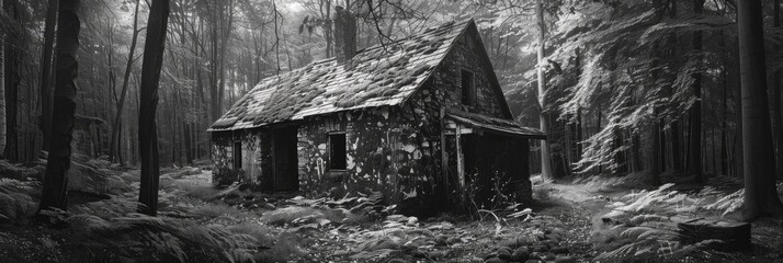 Neglected and Decaying Home Surrounded by Forest in Monochrome