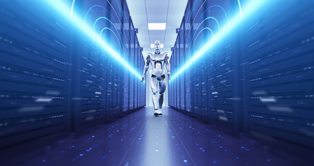 Slowly Walking High Tech Robot In A Server Room. Technology Related 3D Render.