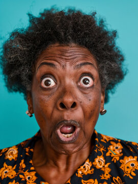 Portrays a woman with a surprised expression on her face. She has a big smile and her eyes are wide open.