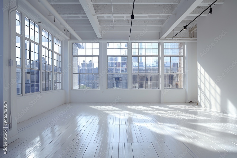 Poster A large, empty room with many windows, ideal for interior design or architecture concepts