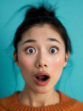 A young asian woman with a surprised expression. Her eyes are wide open and her mouth is slightly open.